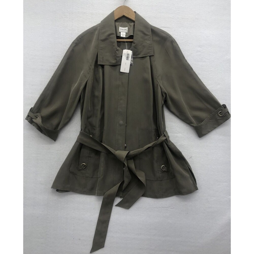 Chicos Casanora Castor Jacket Size 2 12 L 100% Silk Taupe Safari 3/4 Sleeve NWT